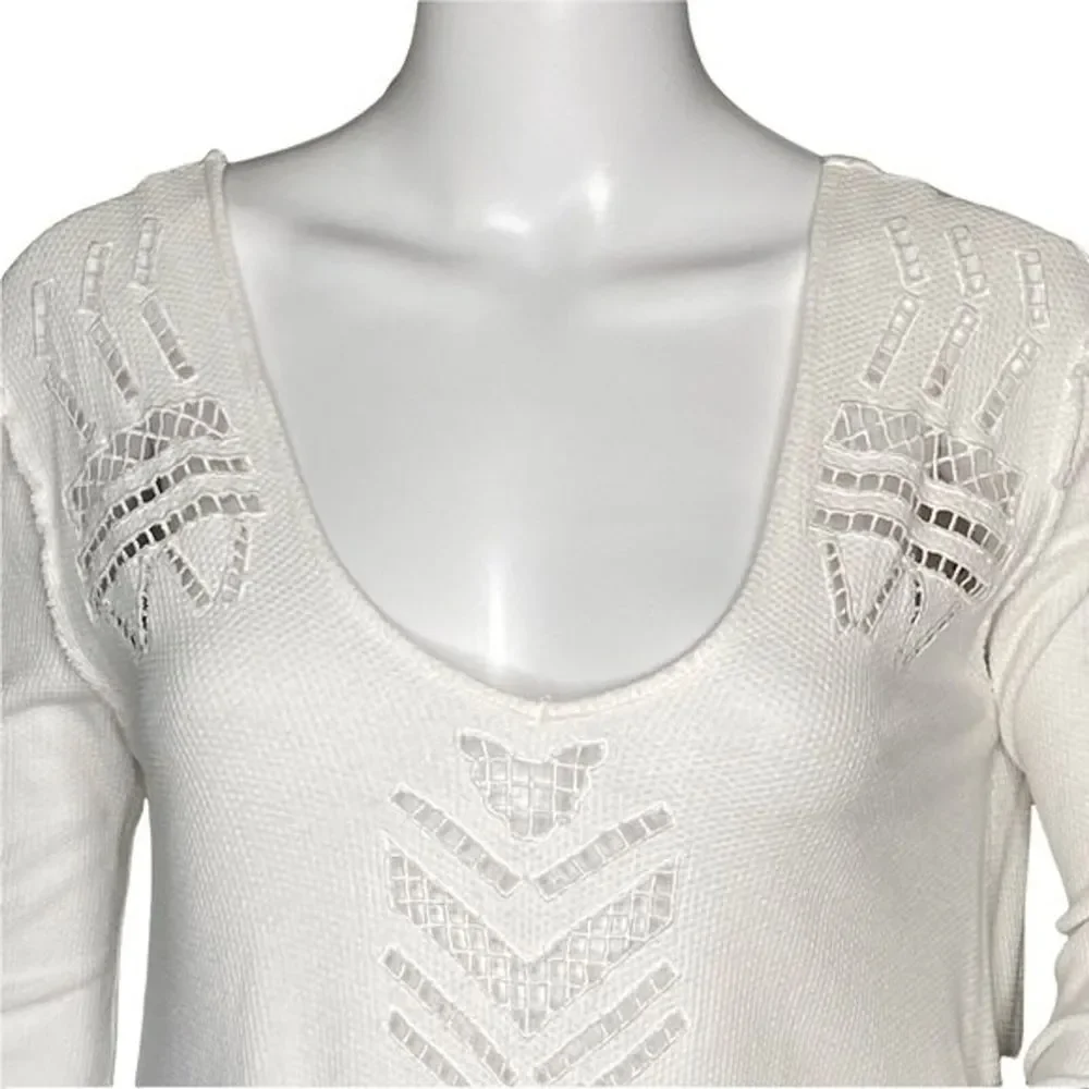 Free‎ People Shirt Womens Small White Scoop Laser Cut Textured Neutral Edgy